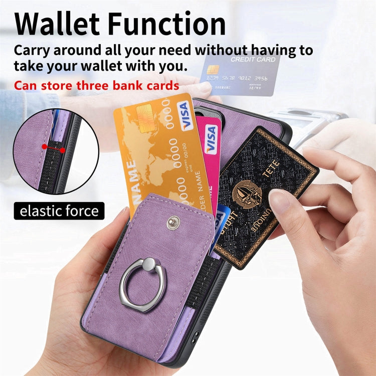 For Samsung Galaxy S25 5G Retro Skin-feel Ring Card Wallet Phone Case(Purple)