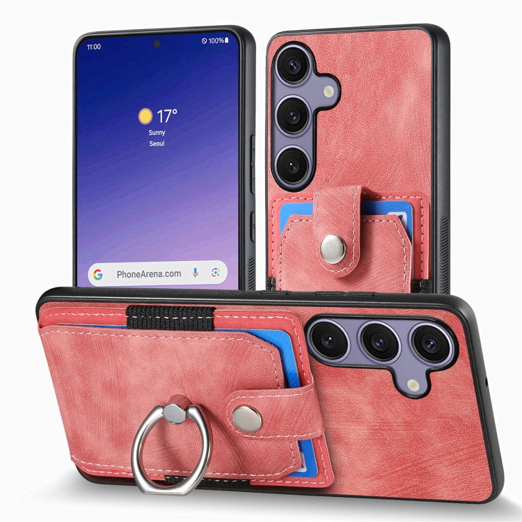For Samsung Galaxy S25+ 5G Retro Skin-feel Ring Card Wallet Phone Case(Pink)