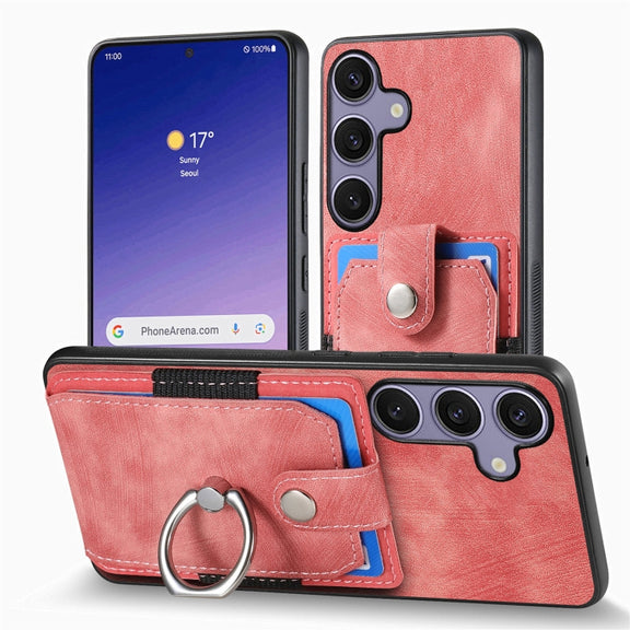 For Samsung Galaxy S25+ 5G Retro Skin-feel Ring Card Wallet Phone Case(Pink)