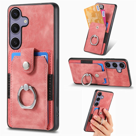 For Samsung Galaxy S25+ 5G Retro Skin-feel Ring Card Wallet Phone Case(Pink)
