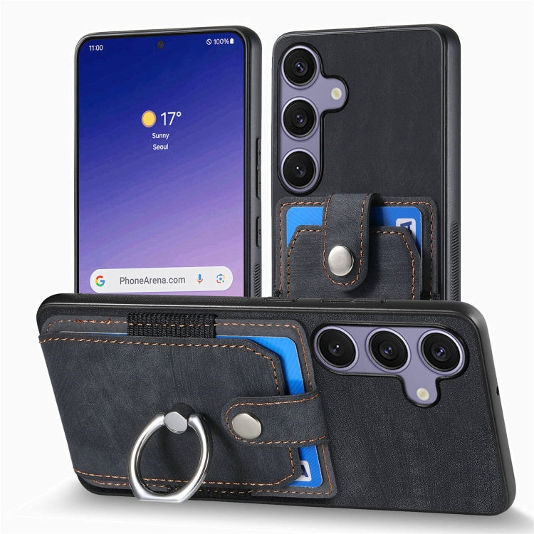 For Samsung Galaxy S25+ 5G Retro Skin-feel Ring Card Wallet Phone Case(Black)