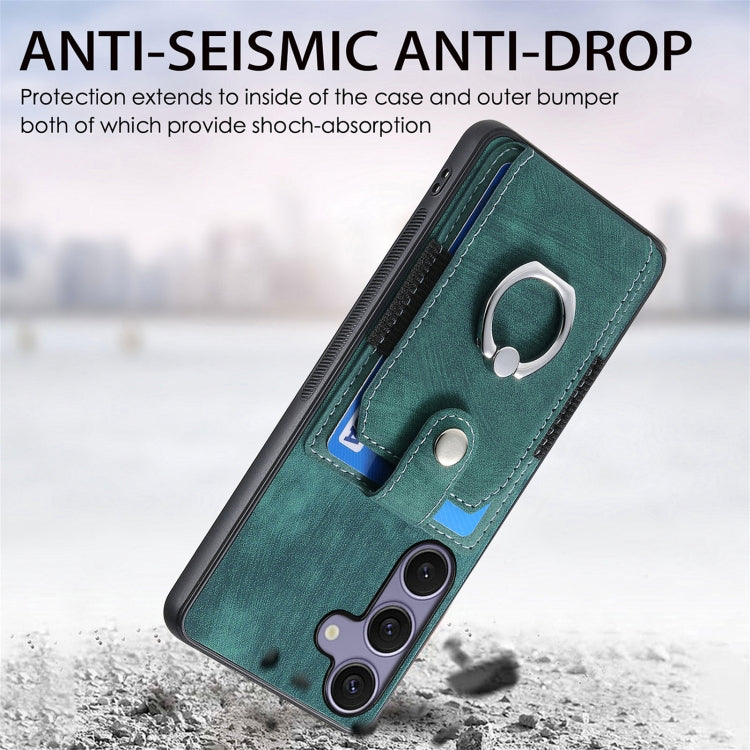 For Samsung Galaxy S25+ 5G Retro Skin-feel Ring Card Wallet Phone Case(Green)