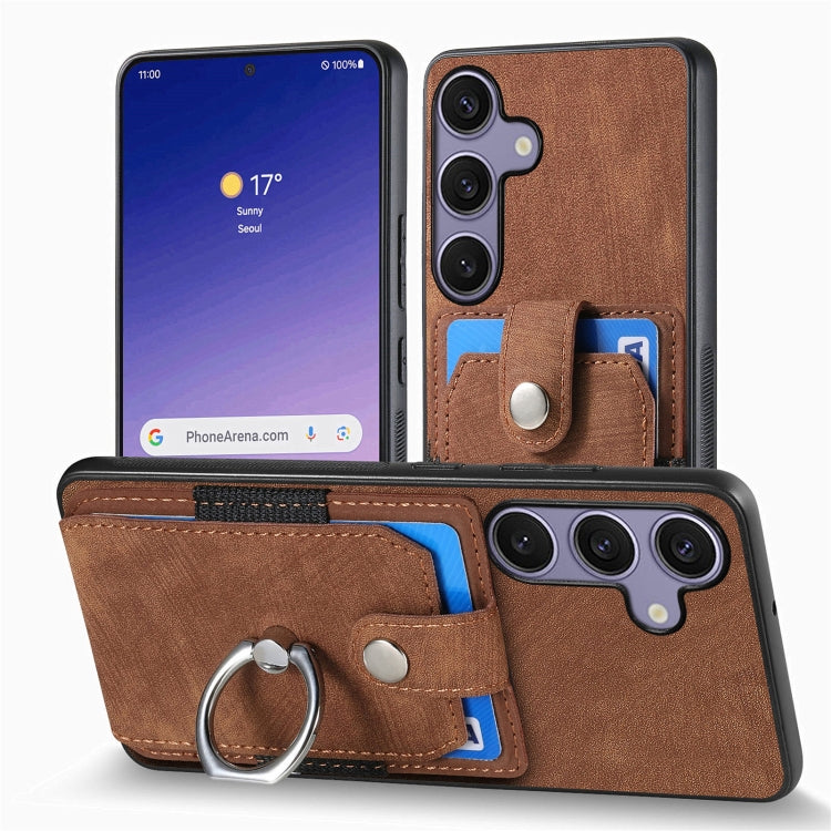 For Samsung Galaxy S25+ 5G Retro Skin-feel Ring Card Wallet Phone Case(Brown)