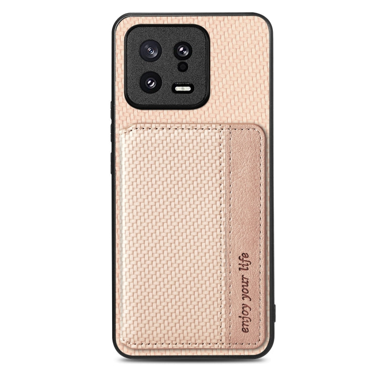 For Xiaomi 13 Carbon Fiber Magnetic Card Bag Phone Case(Khaki)