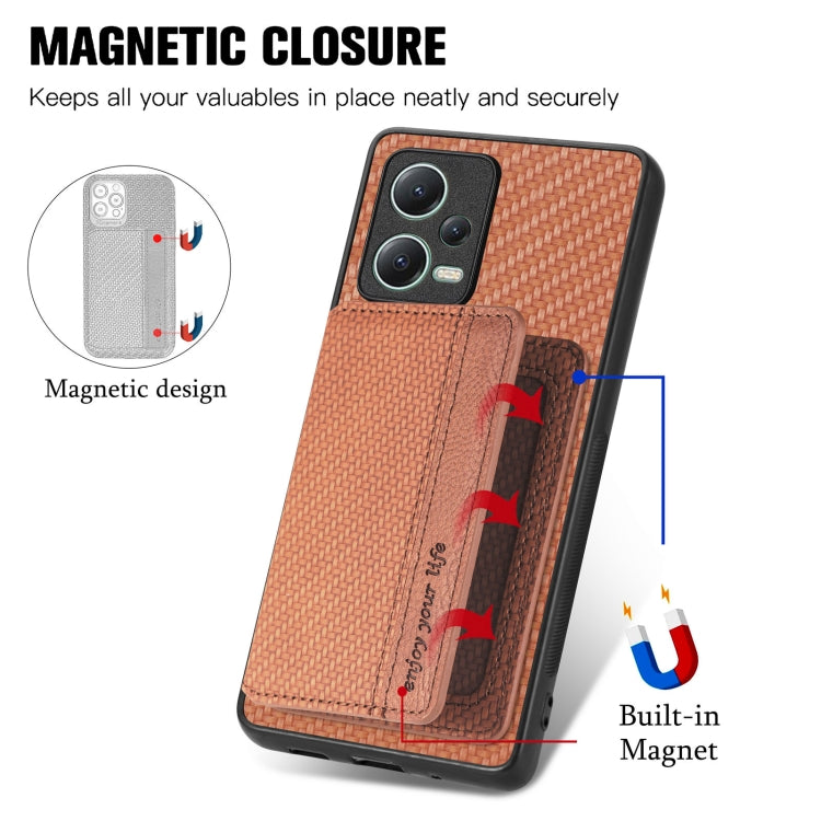 For Redmi Note 12 5G Carbon Fiber Magnetic Card Bag Phone Case(Brown)