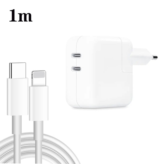 35W PD3.0 USB-C / Type-C Dual Port Charger with 1m Type-C to 8 Pin Data Cable, EU Plug