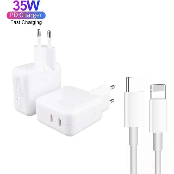 35W PD3.0 USB-C / Type-C Dual Port Charger with 2m Type-C to 8 Pin Data Cable, EU Plug
