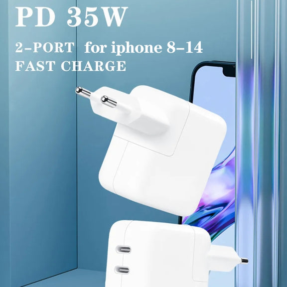 35W PD3.0 USB-C / Type-C Dual Port Charger with 1m Type-C to 8 Pin Data Cable, EU Plug