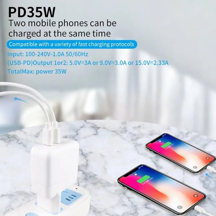 35W PD3.0 USB-C / Type-C Dual Port Charger with 1m Type-C to 8 Pin Data Cable, EU Plug