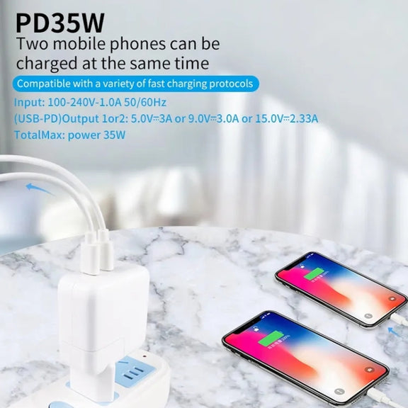 35W PD3.0 USB-C / Type-C Dual Port Charger with 1m Type-C to Type-C Data Cable, US Plug