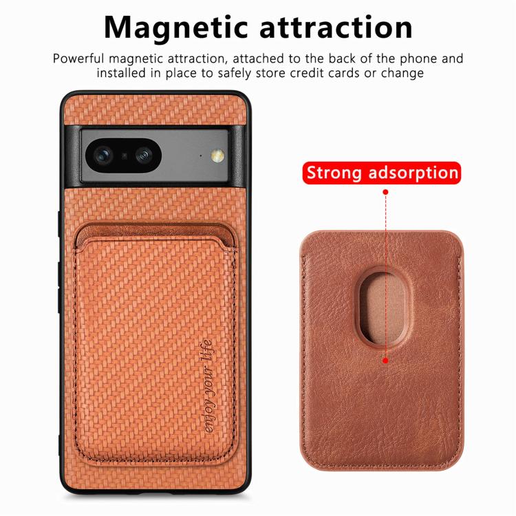 For Google Pixel 7 Carbon Fiber Leather Card Magsafe Phone Case(Brown)