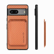 For Google Pixel 7 Carbon Fiber Leather Card Magsafe Phone Case(Brown)