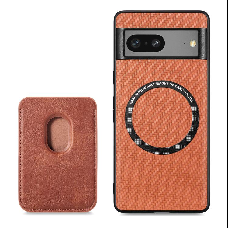 For Google Pixel 7 Carbon Fiber Leather Card Magsafe Phone Case(Brown)