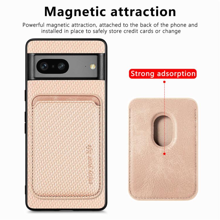 For Google Pixel 7 Carbon Fiber Leather Card Magsafe Phone Case(Khaki)
