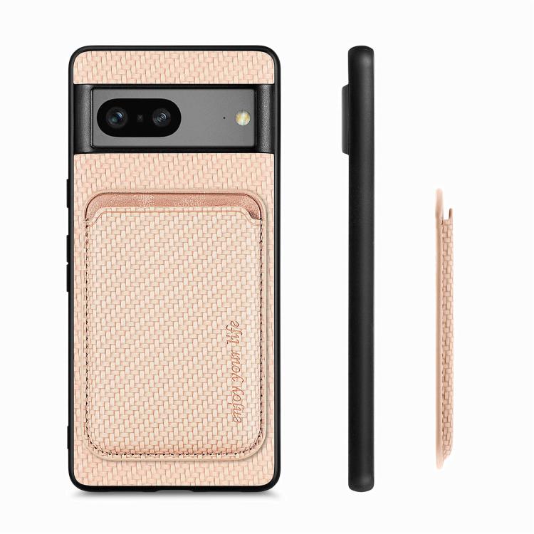 For Google Pixel 7 Carbon Fiber Leather Card Magsafe Phone Case(Khaki)