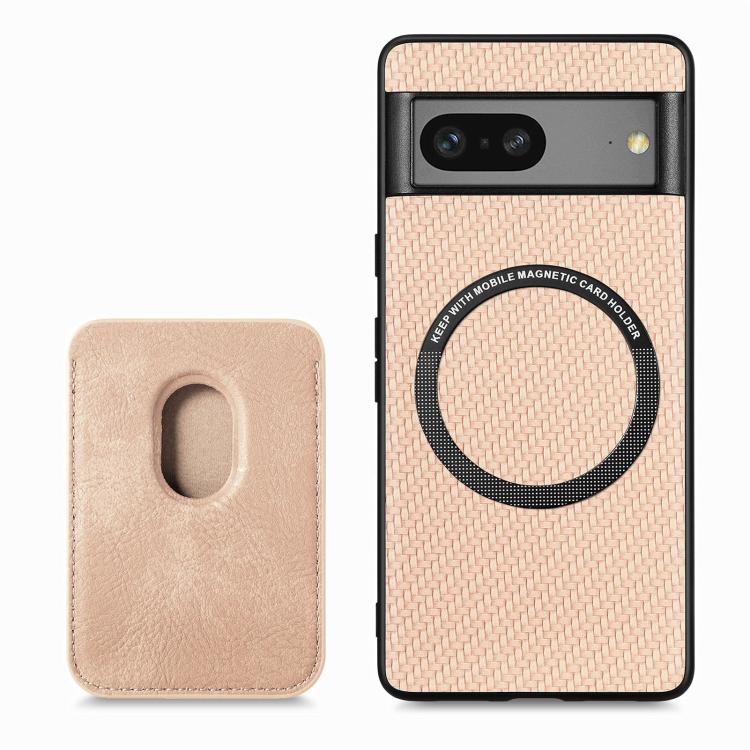 For Google Pixel 7 Carbon Fiber Leather Card Magsafe Phone Case(Khaki)