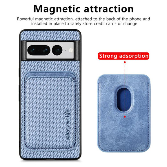 For Google Pixel 7 Pro Carbon Fiber Leather Card Magsafe Phone Case(Blue)