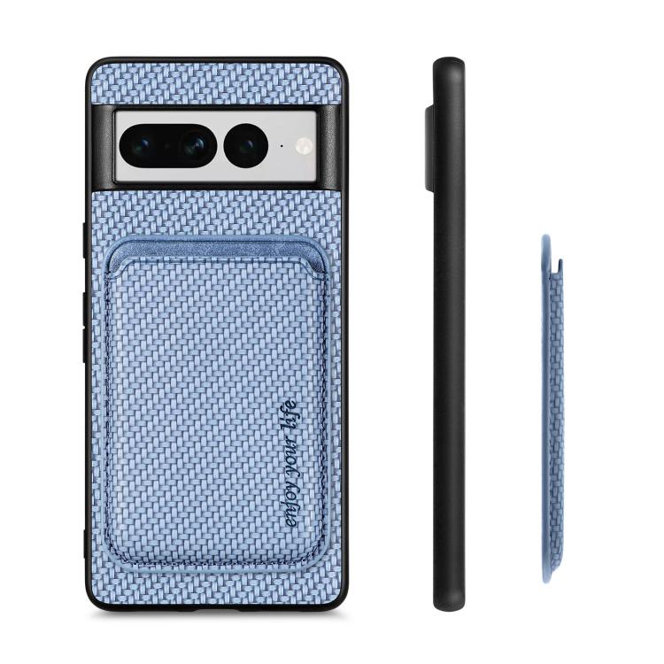 For Google Pixel 7 Pro Carbon Fiber Leather Card Magsafe Phone Case(Blue)