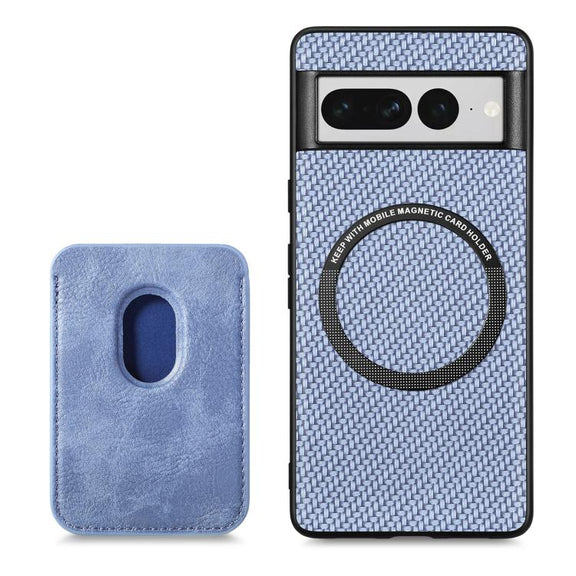 For Google Pixel 7 Pro Carbon Fiber Leather Card Magsafe Phone Case(Blue)