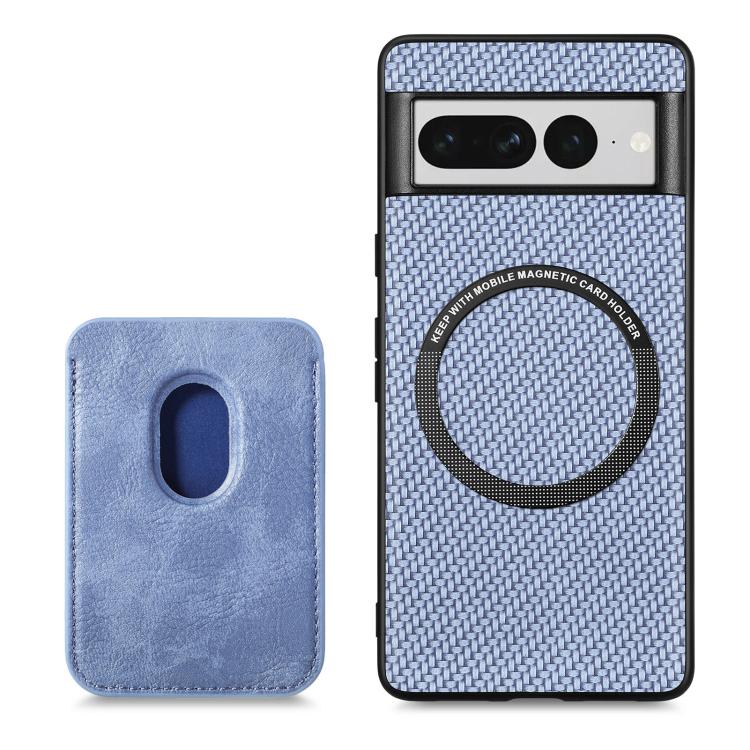 For Google Pixel 7 Pro Carbon Fiber Leather Card Magsafe Phone Case(Blue)