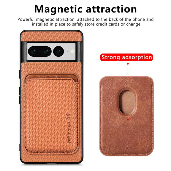 For Google Pixel 7 Pro Carbon Fiber Leather Card Magsafe Phone Case(Brown)