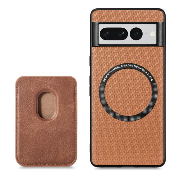 For Google Pixel 7 Pro Carbon Fiber Leather Card Magsafe Phone Case(Brown)