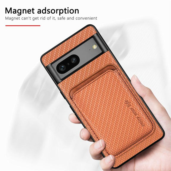 For Google Pixel 7 Pro Carbon Fiber Leather Card Magsafe Phone Case(Brown)