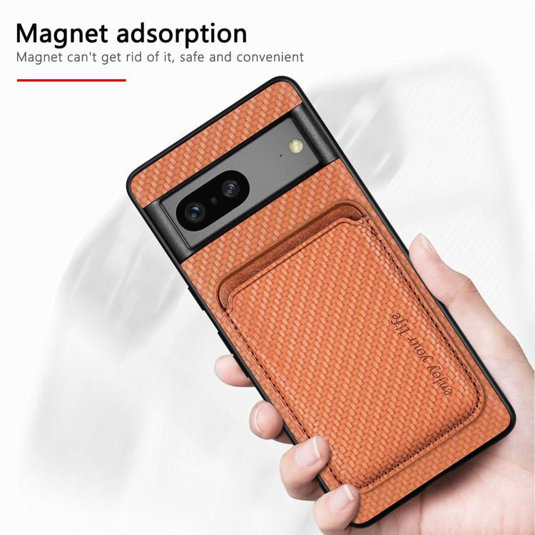 For Google Pixel 7 Pro Carbon Fiber Leather Card Magsafe Phone Case(Brown)