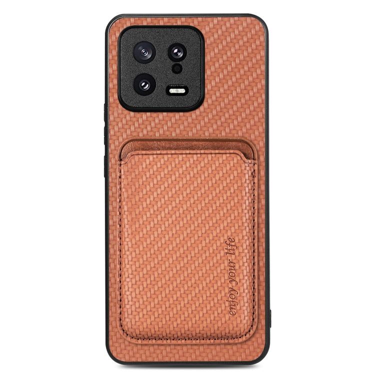 For Xiaomi 13 Carbon Fiber Leather Card Magsafe Phone Case(Brown)