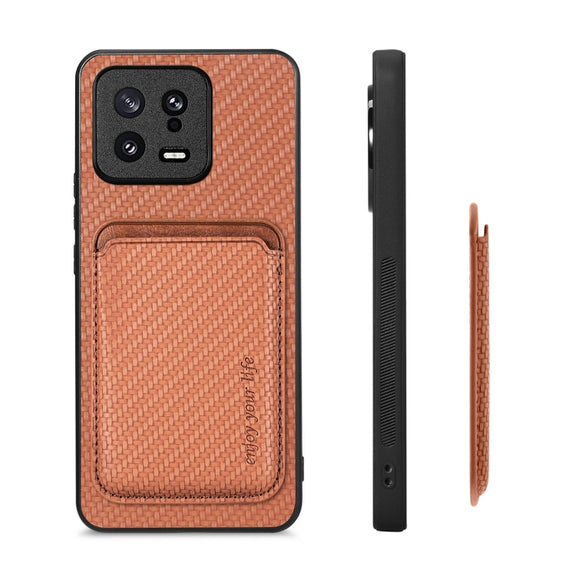 For Xiaomi 13 Carbon Fiber Leather Card Magsafe Phone Case(Brown)