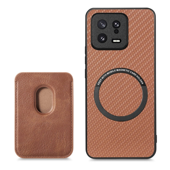 For Xiaomi 13 Carbon Fiber Leather Card Magsafe Phone Case(Brown)