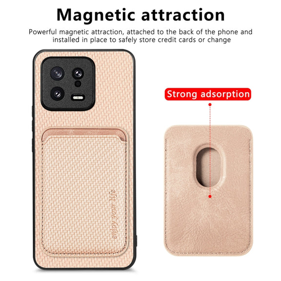 For Xiaomi 13 Carbon Fiber Leather Card Magsafe Phone Case(Khaki)