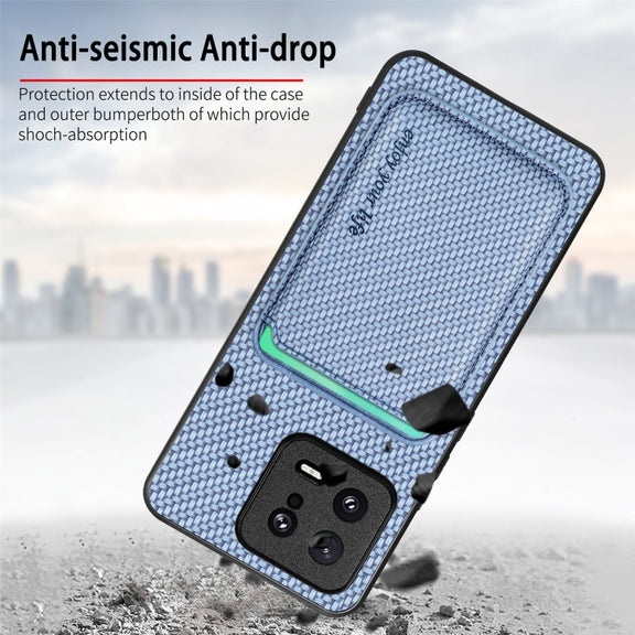 For Xiaomi 13 Carbon Fiber Leather Card Magsafe Phone Case(Khaki)