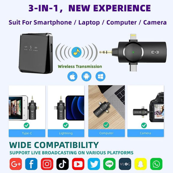 One by One 3 in 1 Mini Wireless Lavalier Microphone for iPhone / iPad / Android / PC Camera