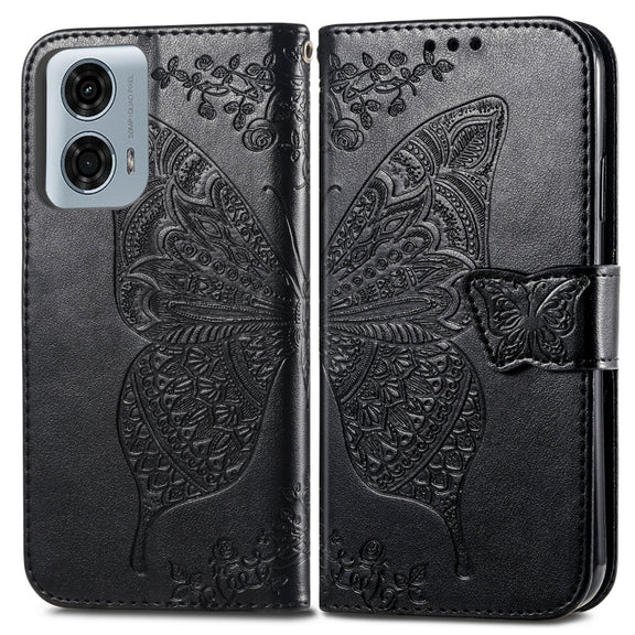 For Motorola Moto G24 Power Butterfly Love Flower Embossed Leather Phone Case(Black)