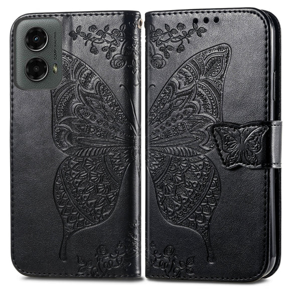 For Motorola Moto G 5G 2024 Butterfly Love Flower Embossed Leather Phone Case(Black)