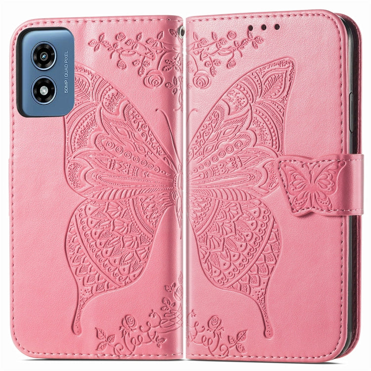 For Motorola Moto G  Play  2024 Butterfly Love Flower Embossed Leather Phone Case(Pink)