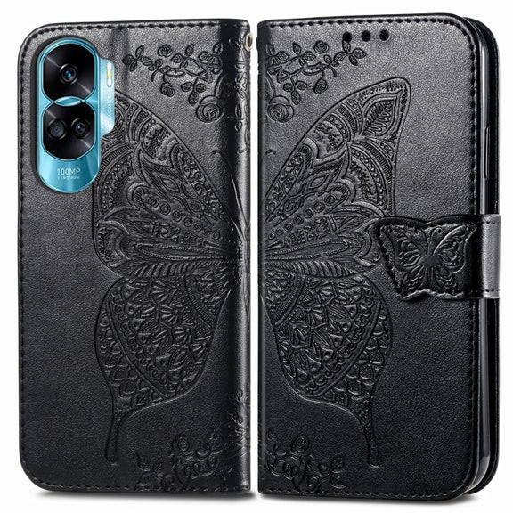 For Honor 90 Lite Butterfly Love Flower Embossed Leather Phone Case(Black)