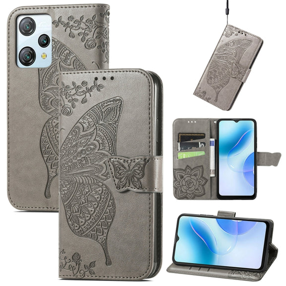 For Blackview A53 Butterfly Love Flower Embossed Leather Phone Case(Gray)