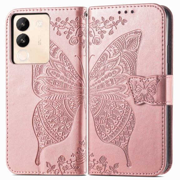 For vivo X100 Butterfly Love Flower Embossed Leather Phone Case(Rose Gold)