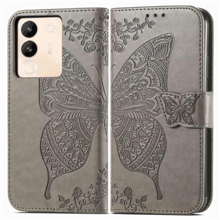 For vivo X100 Butterfly Love Flower Embossed Leather Phone Case(Gray)