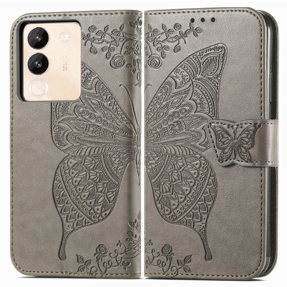 For vivo X100 Butterfly Love Flower Embossed Leather Phone Case(Gray)