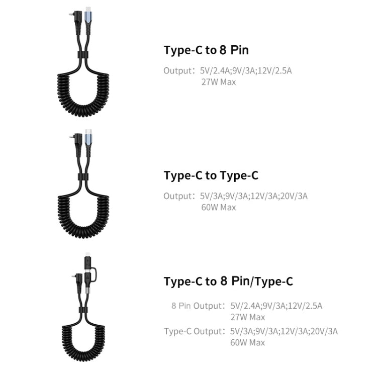 ENKAY Type-C to Type-C / 8 Pin 3A Elbow Expansion Spring Coiled Fast Chrging Data Cable, Length: 1.5m