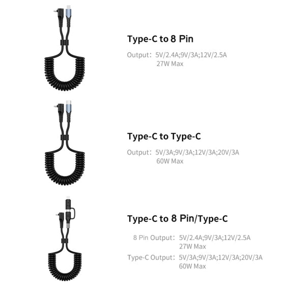 ENKAY Type-C to Type-C / 8 Pin 3A Elbow Expansion Spring Coiled Fast Chrging Data Cable, Length: 1.5m