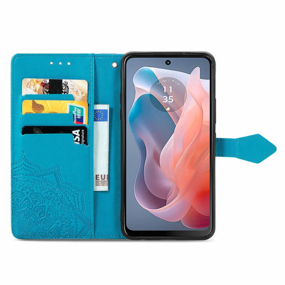 For Motorola Moto G Play 2024 Mandala Flower Embossed Leather Phone Case(Blue)