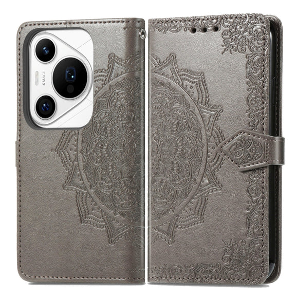 For Huawei Pura 70 Mandala Flower Embossed Leather Phone Case(Gray)