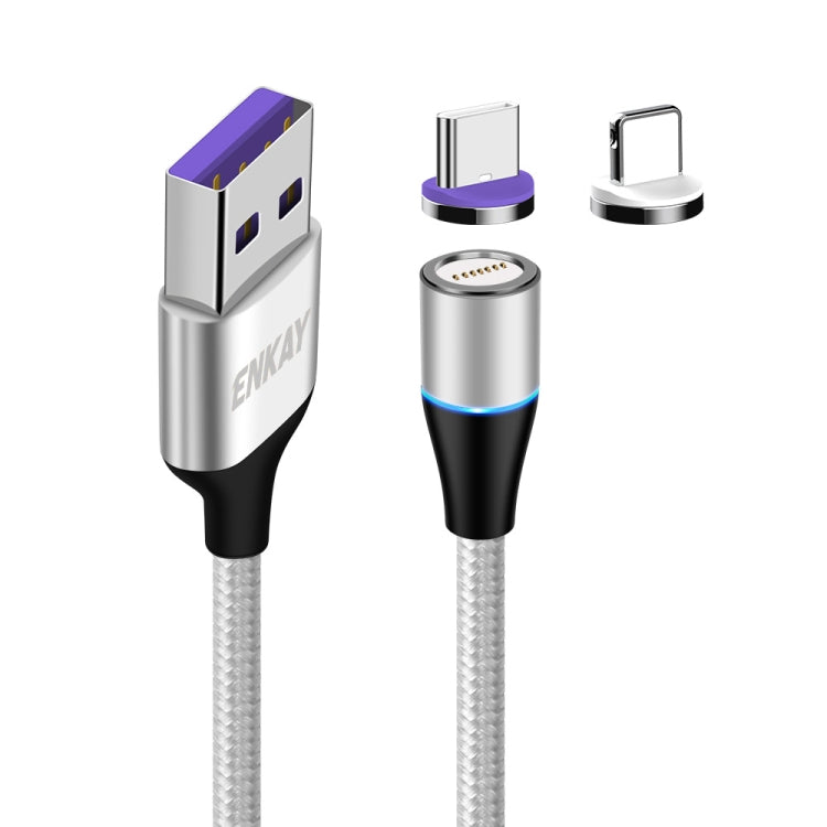ENKAY 2 in 1 5A USB to Type-C + 8 Pin Magnetic Fast Charging Data Cable with LED Light, Length: 1m(Silver)