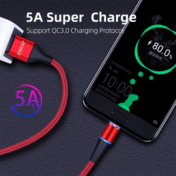 ENKAY 2 in 1 5A USB to Type-C + 8 Pin Magnetic Fast Charging Data Cable with LED Light, Length: 1m(Red)