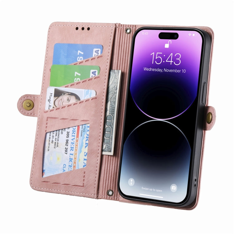 For iPhone 14 Geometric Zipper Wallet Side Buckle Leather Phone Case(Pink)