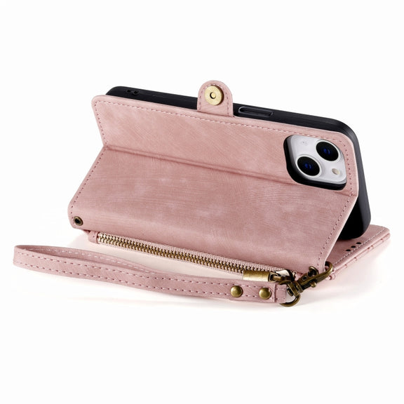 For iPhone 14 Geometric Zipper Wallet Side Buckle Leather Phone Case(Pink)